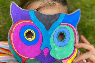 A young girl wearing a colourful owl mask.