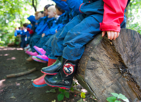 Image showing children lined up sitting on a tree with their welly boots on