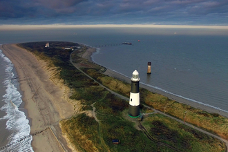 A aerial photograph of Spurn Point and and the lighthouse