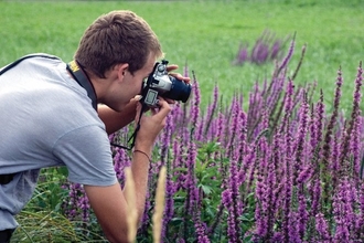 Photographer taking close up shot of flowers