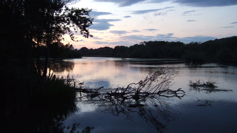 View across the lake at sunset on a wetland nature reserve.