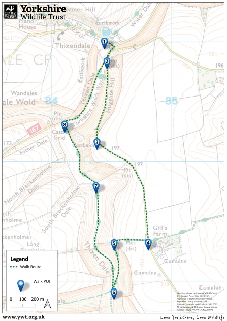 Map with trail of Wolds dew ponds walk