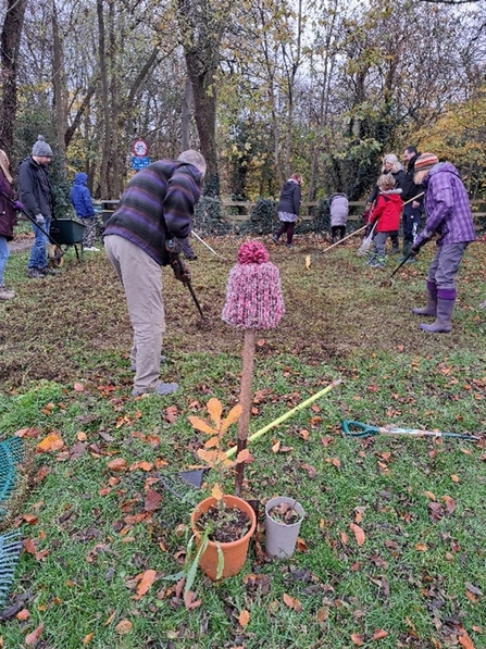 Image of a group at people at work in a woodland on the grassy floor. They are all doing garden work with spades and wheelbarrows.