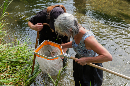 2 volunteers looking into the net they have brought to the riverbank
