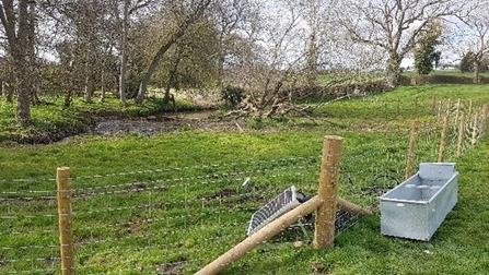 A new fence (front centre) separates two areas of grassland, the distant one fringing the river foss.