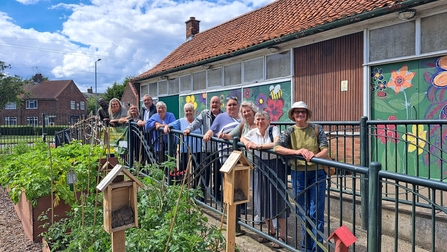 Group of people stood next to a mural on a building, all leaning on the railings which overlooks a bedding area on a sunny day.