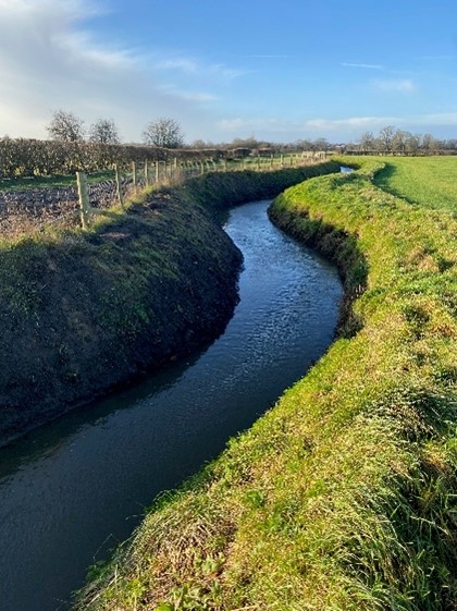 A winding blue section of the river foss with green banks on either side.