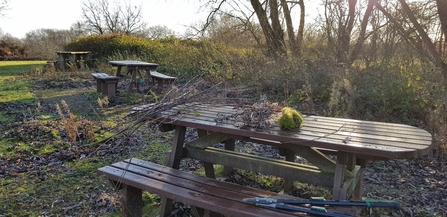 Wreath making materials on picnic bench