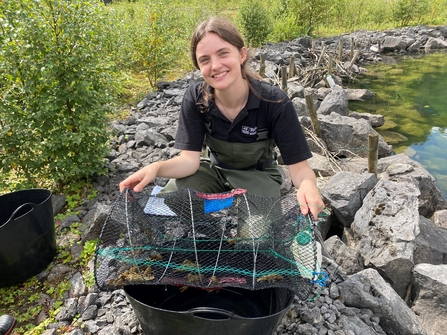 Crayfish officer Vanessa with net trap at Threshfield Quarry ARC site