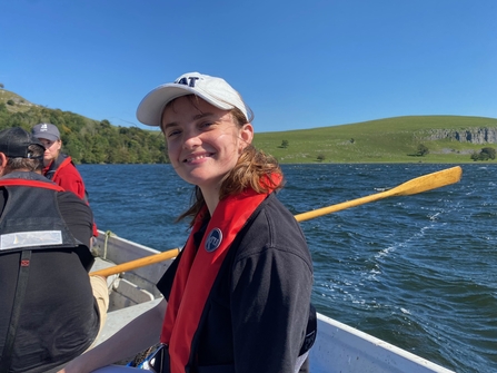 Crayfish officer Vanessa in a boat on Malham Tarn