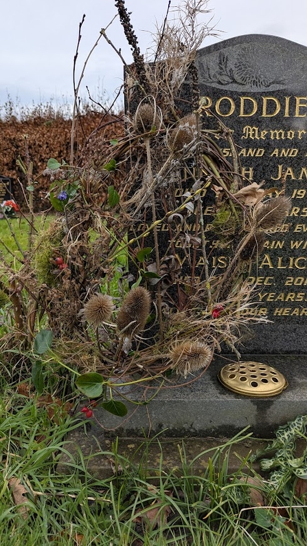 Natural wreath standing against a grave headstone