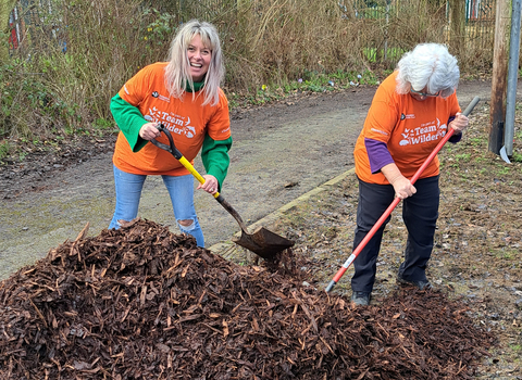 Two people shovelling bark chip.