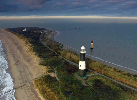 A aerial photograph of Spurn Point and and the lighthouse